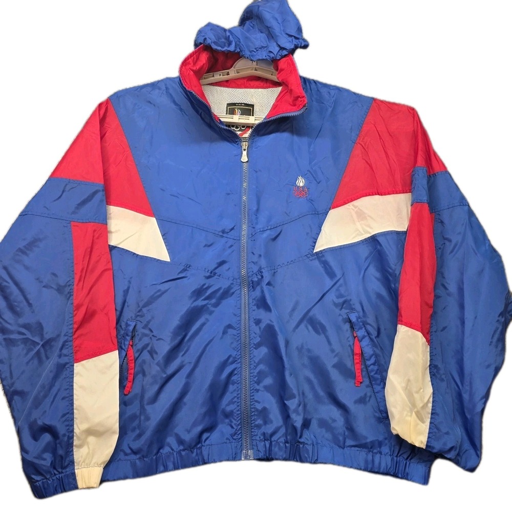 Vintage USA Olympic Team Windbreaker Jacket Men's XL Blue Colorblock 90s‎ Hooded